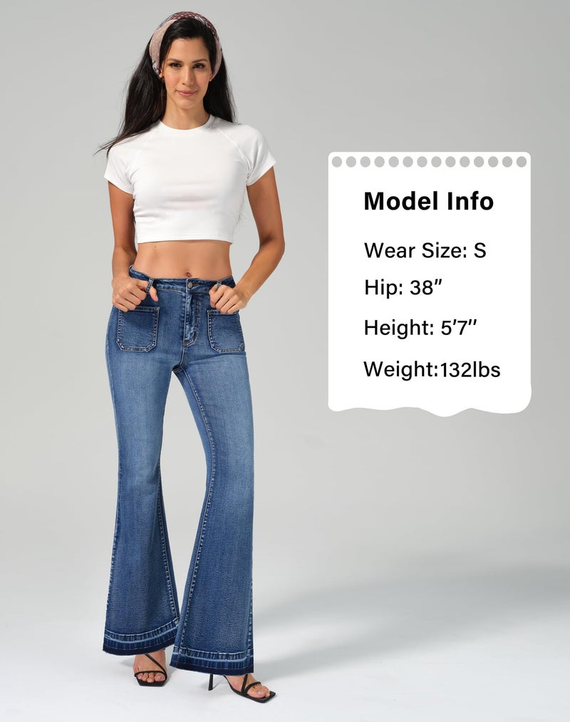 roswear Bell Bottom Jeans for Women High Waist Stretchy Flare Jeans Denim Trousers Pants Washed Blue Large - Image 4