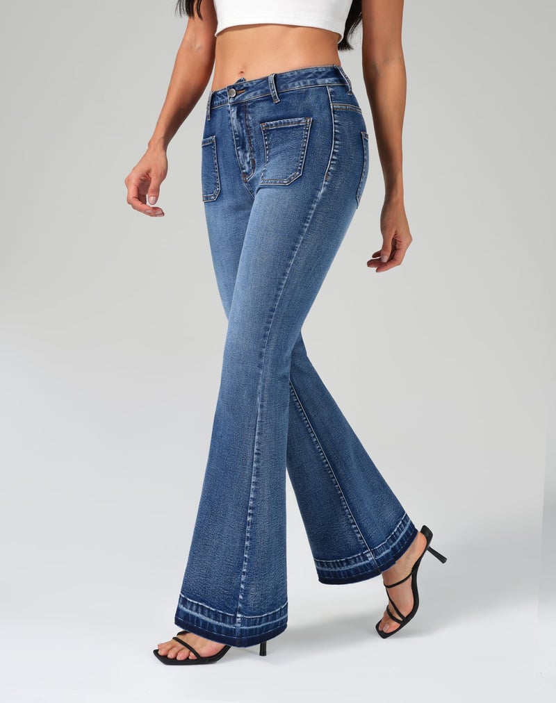 roswear Bell Bottom Jeans for Women High Waist Stretchy Flare Jeans Denim Trousers Pants Washed Blue Large - Image 2