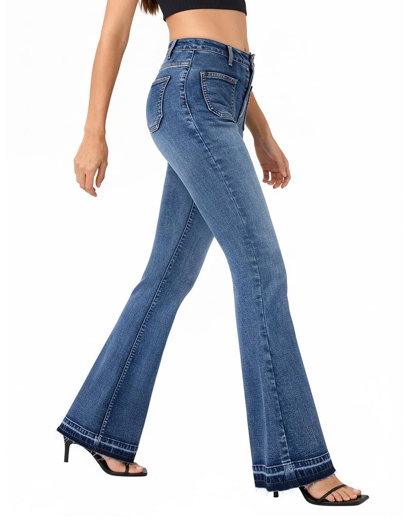 roswear Bell Bottom Jeans for Women High Waist Stretchy Flare Jeans Denim Trousers Pants Washed Blue Large - Image 1