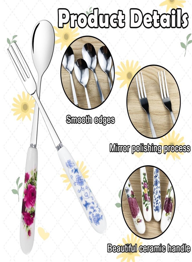 xlehoely 14 Pcs Dessert Forks and Spoons Silverware Set,Stainless Steel Cutlery Forks,Mini Coffee Spoons Pastry Forks with Porcelain Handles,Cake Forks Tea Spoons for Dessert Appetizers,Salad,Fruit - Image 3