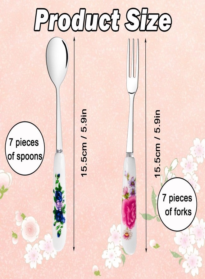 xlehoely 14 Pcs Dessert Forks and Spoons Silverware Set,Stainless Steel Cutlery Forks,Mini Coffee Spoons Pastry Forks with Porcelain Handles,Cake Forks Tea Spoons for Dessert Appetizers,Salad,Fruit - Image 2
