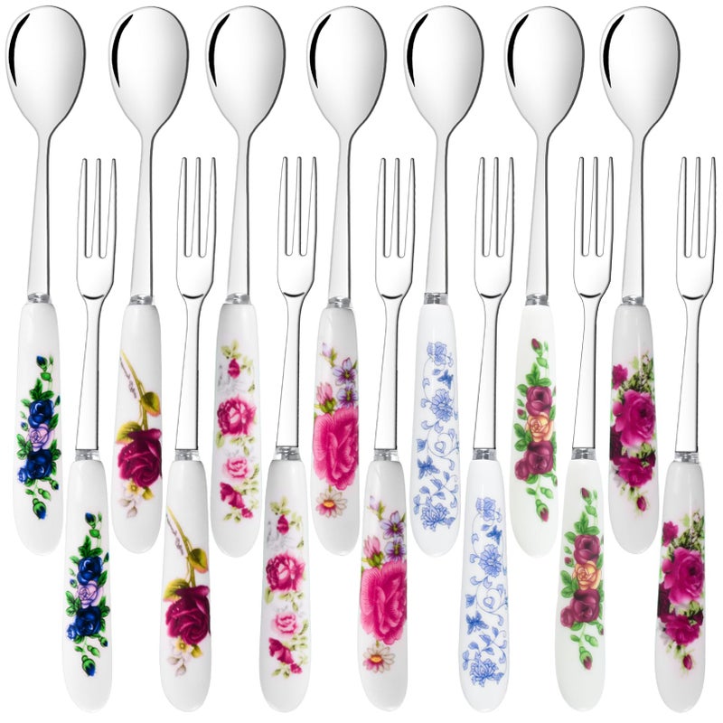 xlehoely 14 Pcs Dessert Forks and Spoons Silverware Set,Stainless Steel Cutlery Forks,Mini Coffee Spoons Pastry Forks with Porcelain Handles,Cake Forks Tea Spoons for Dessert Appetizers,Salad,Fruit - Image 1