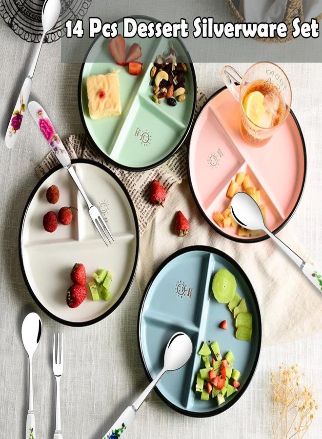 xlehoely 14 Pcs Dessert Forks and Spoons Silverware Set,Stainless Steel Cutlery Forks,Mini Coffee Spoons Pastry Forks with Porcelain Handles,Cake Forks Tea Spoons for Dessert Appetizers,Salad,Fruit - Image 4
