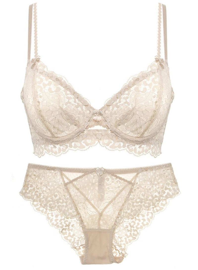 Loquat Solid Color Ultra Thin Cup Floral Lace Bra Panty Set Beige