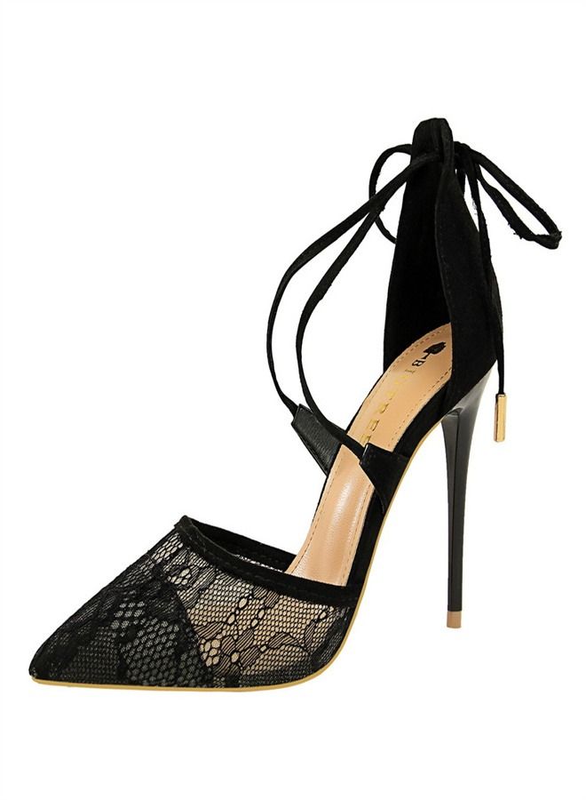 BIGTREE Pointed Mesh Lace Cross-Cut High-Heeled Sandals 10CM Black  - Image 3