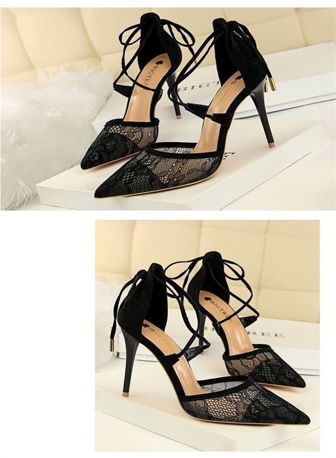 BIGTREE Pointed Mesh Lace Cross-Cut High-Heeled Sandals 10CM Black  - Image 2