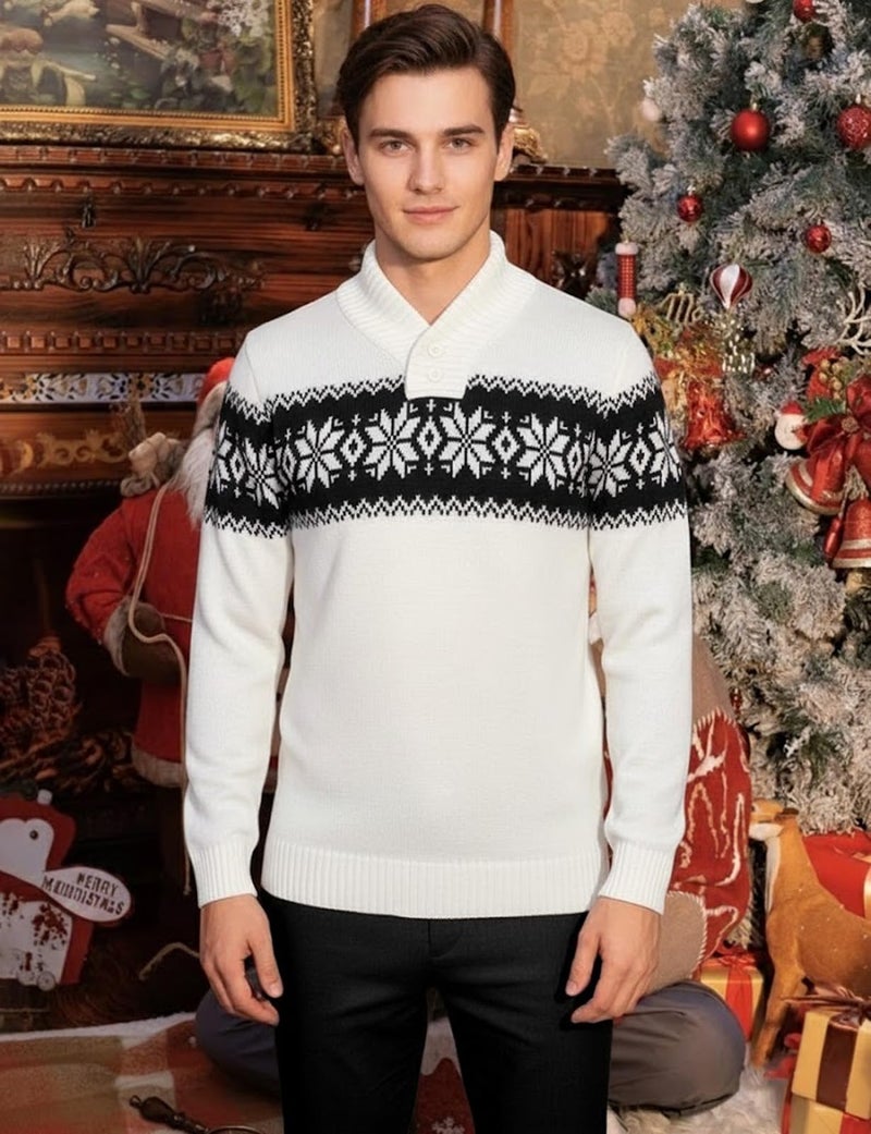 H2H Mens Casual Slim Fit Shawl Collar Pullover Sweater with Snowflake Pattern White US S/Asia M (KMOSWL0102) - Image 2