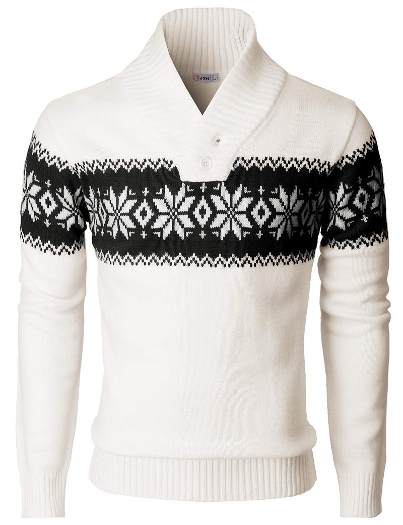 H2H Mens Casual Slim Fit Shawl Collar Pullover Sweater with Snowflake Pattern White US S/Asia M (KMOSWL0102) - Image 3