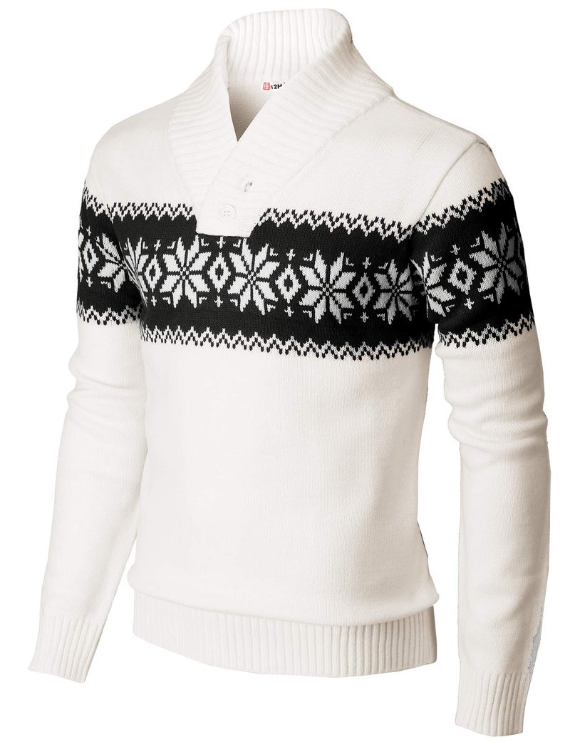 H2H Mens Casual Slim Fit Shawl Collar Pullover Sweater with Snowflake Pattern White US S/Asia M (KMOSWL0102) - Image 1
