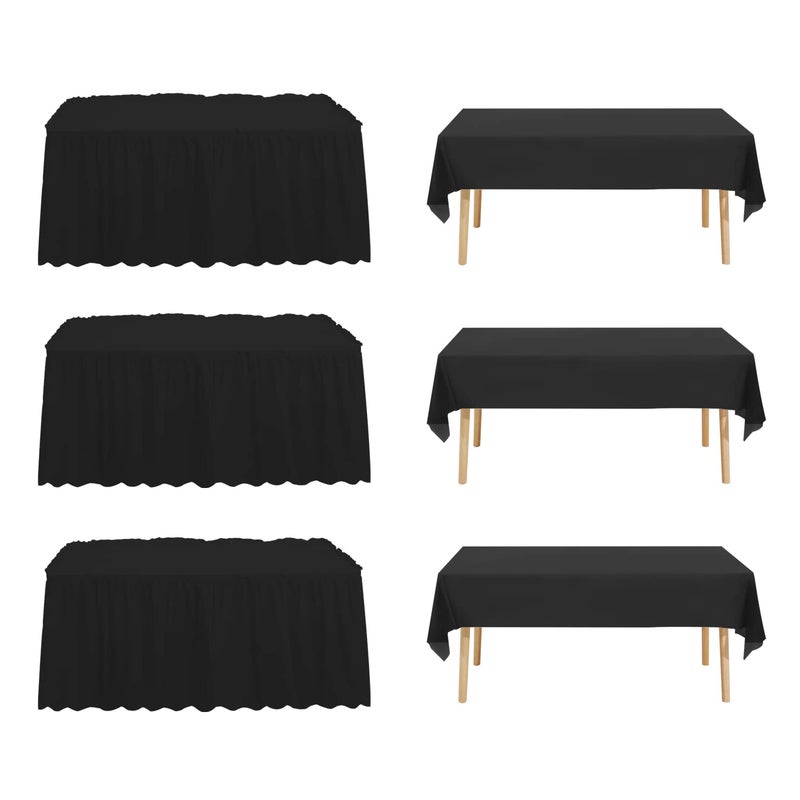 JHDZDHY 3 Packs 54x108inch Plastic Tablecloth and 3 Packs 14FT Plastic Table SkirtDisposable Rectangle Tablecloth Set Disposable Table Covers for Wedding Party Baby Shower Black