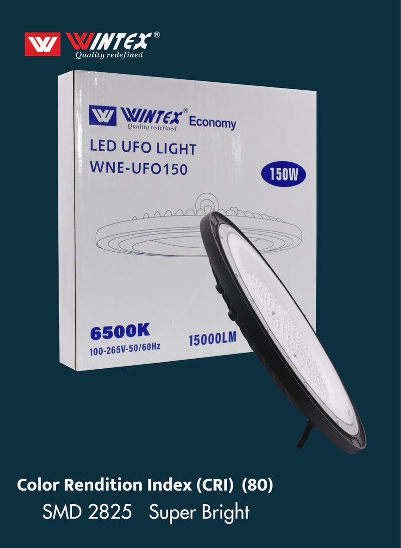 وينتكس كشاف LED صناعي من WINTEX UFO بقدرة 150 واط، ضوء أبيض بارد، ضوء UFO عالي السطوع، إضاءة LED فائقة السطوع للمرآب، مقاوم للماء IP65، إضاءة للورش، إضاءة صناعية للمستودعات والمرائب.  - Image 5