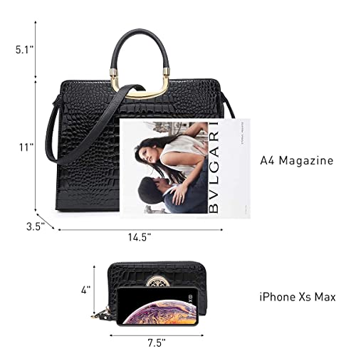 DASEIN Womens Handbag Top Handle Shoulder Bag Tote Satchel Purse Work Bag with Matching Wallet (2-Croco Black) Large - Image 3