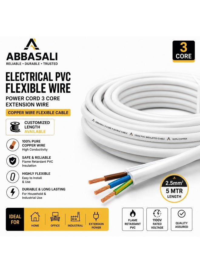 Electrical PVC Flexible Wire Power Cord 3 Core Extension Wire Copper Wire Flexible Cable Customized Length Available (2.5mm 5mtr) - Image 2