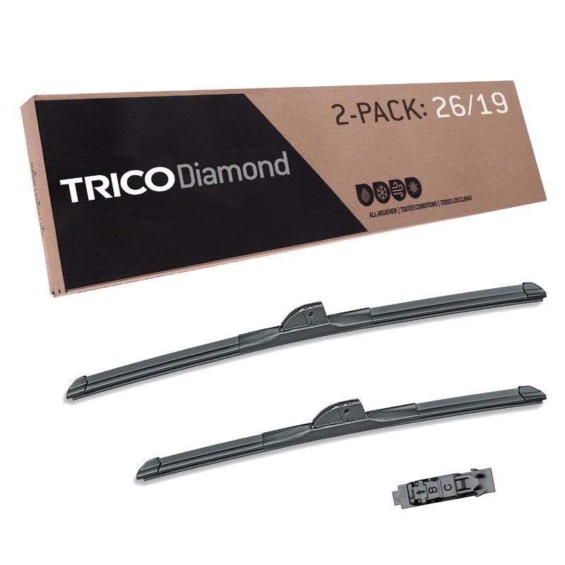 شفرات مساحات الزجاج الأمامي TRICO دايموند 252619 بحجم 26 بوصة و 19 بوصة عبوة من 2 عالية الأداء لاستبدال مساحات السيارات الخاصة بي، شفرات قمة فائقة لجميع الأحوال الجوية لموديلات السيارات المختارة