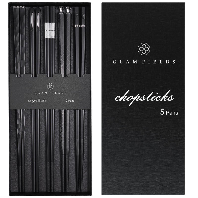 GLAMFIELDS 5 Pairs Premium Chopsticks Reusable Dishwasher Safe 95 Inch Fiberglass Chop Sticks Gift Set Non Slip Black  Silver