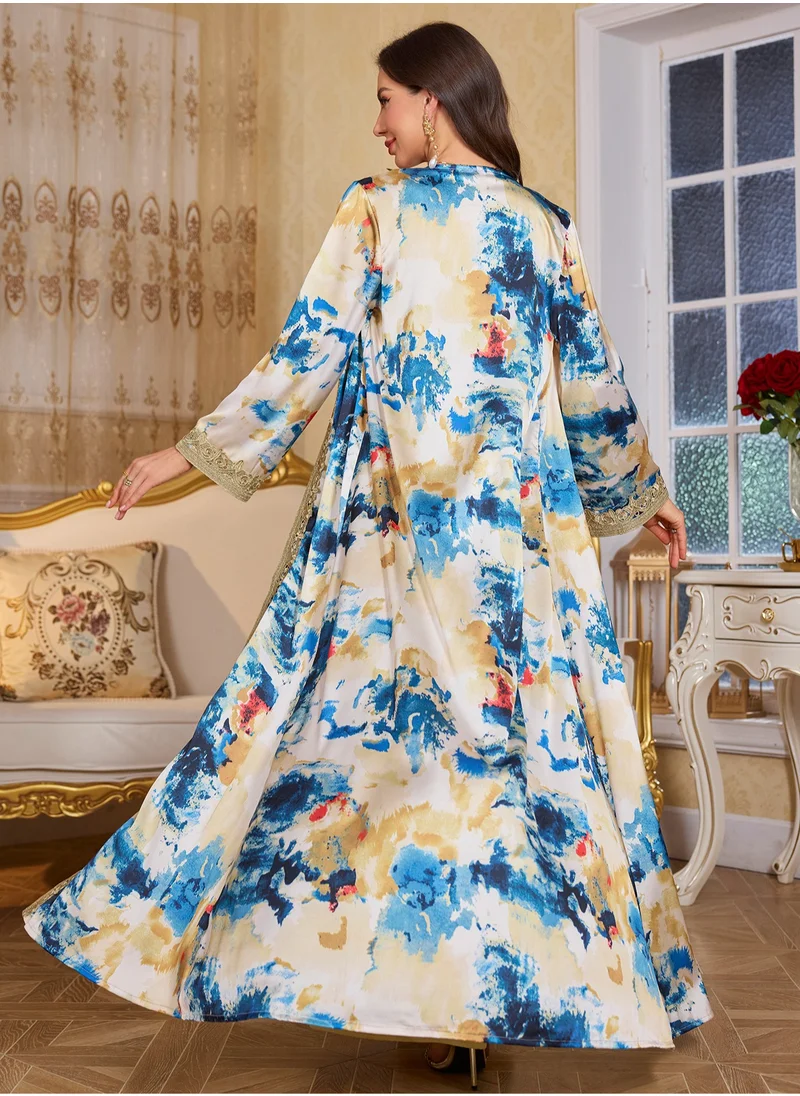 Madam Uniq Abayas For Women V-Neck Long Sleeve Printed Robe Two Piece Dress Modest Muslim Dress