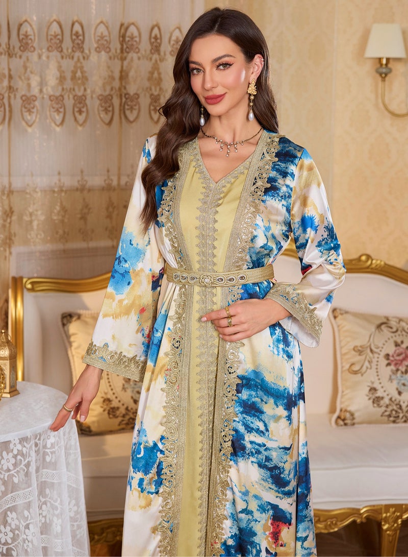 Madam Uniq Abayas For Women V-Neck Long Sleeve Printed Robe Two Piece Dress Modest Muslim Dress  - Image 4