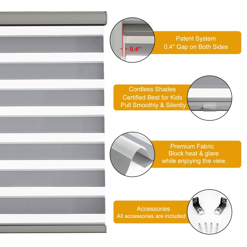 Persilux Zebra Shades Cordless Blinds for Windows (22" W x 72" H, Grey) Dual Layer Zebra Roller Shades, Free Stop Sheer Window Treatments for Home, Office, Bathroomâ€¦ - Image 2