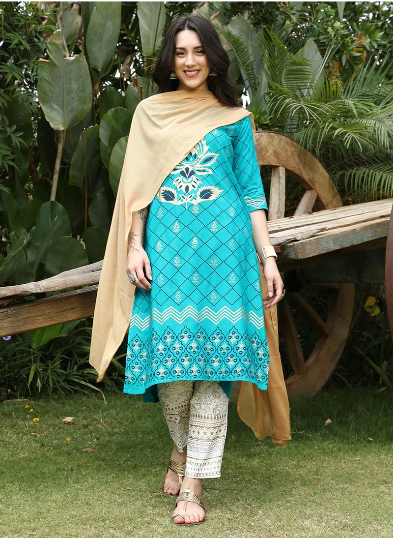 QISSA Women's Turquoise Blue Metallic Ethnic Print Kurta With Chalk White Metallic Print Trousers Set