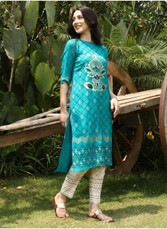 قصة Women's Turquoise Blue Metallic Ethnic Print Kurta With Chalk White Metallic Print Trousers Set  - Image 3