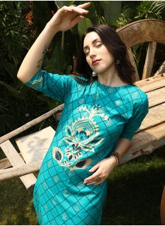  قصة Women's Turquoise Blue Metallic Ethnic Print Kurta With Chalk White Metallic Print Trousers Set  - Image 1