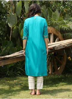  قصة Women's Turquoise Blue Metallic Ethnic Print Kurta With Chalk White Metallic Print Trousers Set  - Image 4