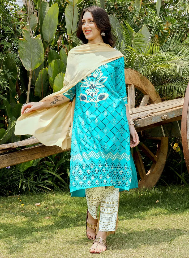  قصة Women's Turquoise Blue Metallic Ethnic Print Kurta With Chalk White Metallic Print Trousers Set