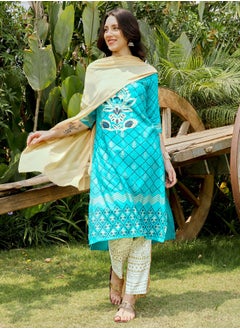  قصة Women's Turquoise Blue Metallic Ethnic Print Kurta With Chalk White Metallic Print Trousers Set  - Image 5