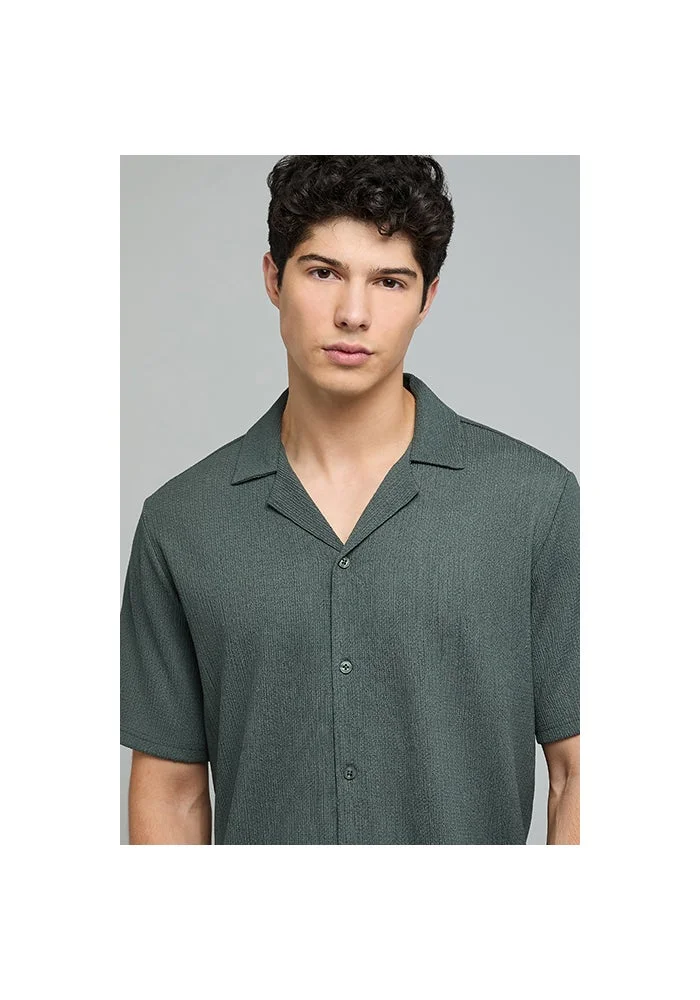 R&b Textured Shirt with Revere Collar and Short Sleeves