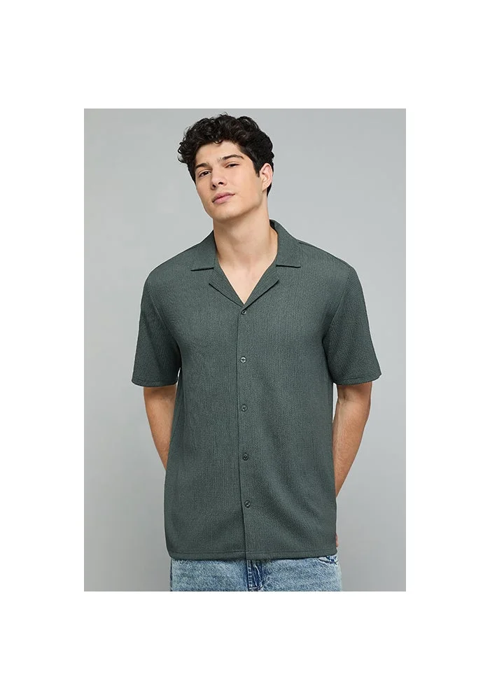 R&b Textured Shirt with Revere Collar and Short Sleeves
