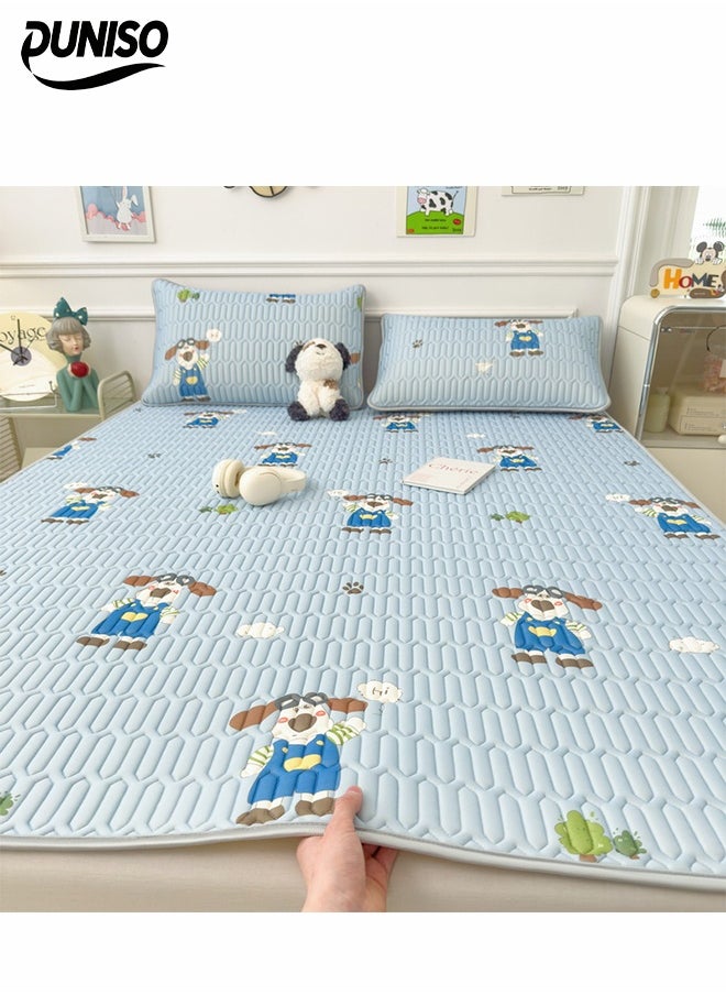 DUNISO 3-Piece of Ice Silk Cooling Bedding Set,Extreme Heat Cooling Bedding Set,Anti-Slip Latex Cool Silk Bed Cover with 2 Pillowcases,Latex Mattress Pad for Summer Heat,Breathable Sheets,Night Sweat Relief,Printed with Cartoon Dog Pattern，180*200CM  - Image 1