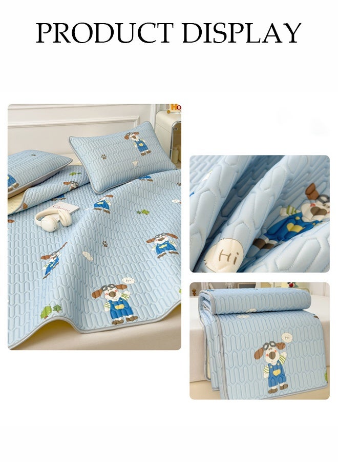 3-Piece of Ice Silk Cooling Bedding Set,Extreme Heat Cooling Bedding Set,Anti-Slip Latex Cool Silk Bed Cover with 2 Pillowcases,Latex Mattress Pad for Summer Heat,Breathable Sheets,Night Sweat Relief,Printed with Cartoon Dog Pattern，180*200CM