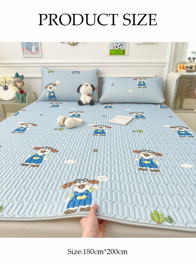 DUNISO 3-Piece of Ice Silk Cooling Bedding Set,Extreme Heat Cooling Bedding Set,Anti-Slip Latex Cool Silk Bed Cover with 2 Pillowcases,Latex Mattress Pad for Summer Heat,Breathable Sheets,Night Sweat Relief,Printed with Cartoon Dog Pattern，180*200CM  - Image 2