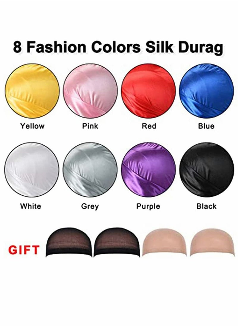 8 Pack Silk for Durag Satin Silky Long Tail Headwrap Breathable Turban Stocking Cap Wide Straps Pirate Hat