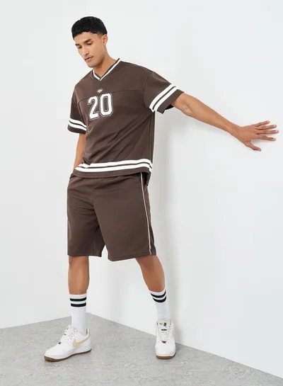 Styli Styli Men Brown V Neck Printed Boxy T-Shirt and Oversized Shorts Co-Ords