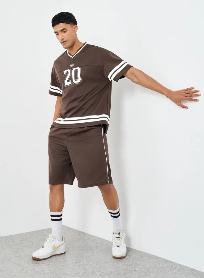 Styli Styli Men Brown V Neck Printed Boxy T-Shirt and Oversized Shorts Co-Ords
