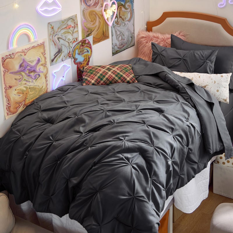 Bedsure Bedsure Twin Comforter Set Dark Grey  Bed in a Bag Twin Size 5 Pieces GentleSoft Pintuck Bed Set Gift for Family Pinch Pleat Dark Grey Comforter with Sheets Pillowcase  Sham 