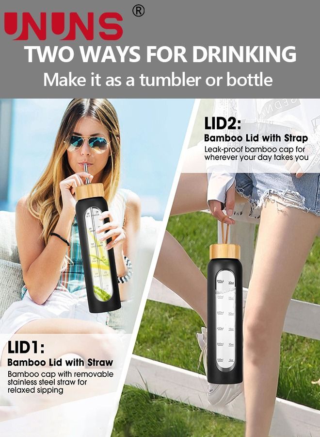 UNUNS 1L Motivational Glass Water Bottle with Time Marker & Silicone Sleeve &  Straw & Bamboo Lids & Fruit Infuser , Leak Proof Reusable BPA Free Motivational Drinking Jug Water Jug  - Image 5