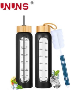 UNUNS 1L Motivational Glass Water Bottle with Time Marker & Silicone Sleeve &  Straw & Bamboo Lids & Fruit Infuser , Leak Proof Reusable BPA Free Motivational Drinking Jug Water Jug  - Image 1