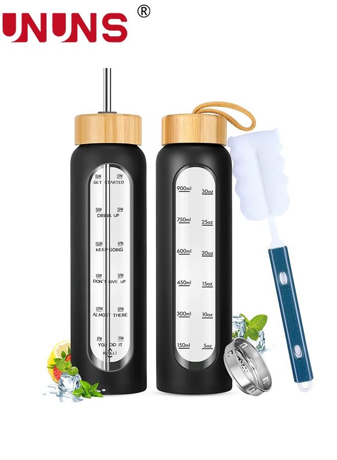 UNUNS 1L Motivational Glass Water Bottle with Time Marker & Silicone Sleeve &  Straw & Bamboo Lids & Fruit Infuser , Leak Proof Reusable BPA Free Motivational Drinking Jug Water Jug  - Image 1