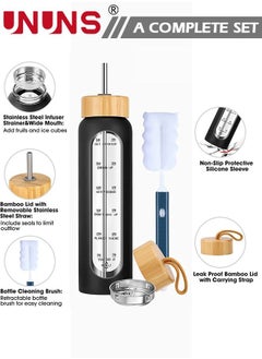 UNUNS 1L Motivational Glass Water Bottle with Time Marker & Silicone Sleeve &  Straw & Bamboo Lids & Fruit Infuser , Leak Proof Reusable BPA Free Motivational Drinking Jug Water Jug  - Image 2