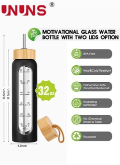 UNUNS 1L Motivational Glass Water Bottle with Time Marker & Silicone Sleeve &  Straw & Bamboo Lids & Fruit Infuser , Leak Proof Reusable BPA Free Motivational Drinking Jug Water Jug  - Image 4