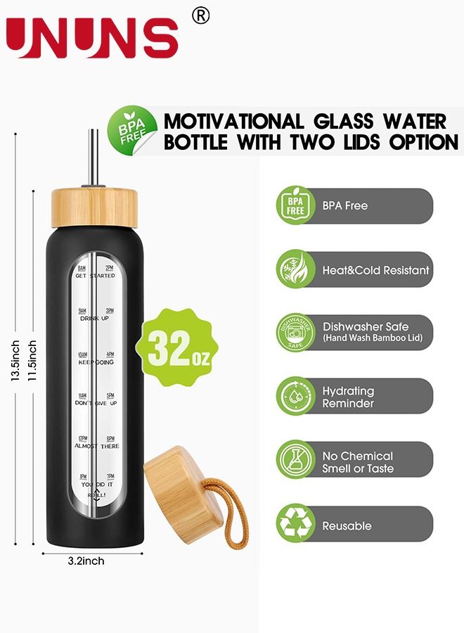 UNUNS 1L Motivational Glass Water Bottle with Time Marker & Silicone Sleeve &  Straw & Bamboo Lids & Fruit Infuser , Leak Proof Reusable BPA Free Motivational Drinking Jug Water Jug  - Image 4