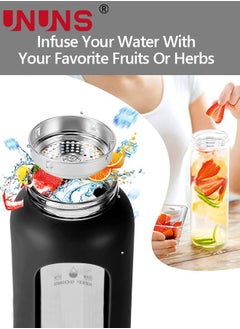 UNUNS 1L Motivational Glass Water Bottle with Time Marker & Silicone Sleeve &  Straw & Bamboo Lids & Fruit Infuser , Leak Proof Reusable BPA Free Motivational Drinking Jug Water Jug  - Image 3