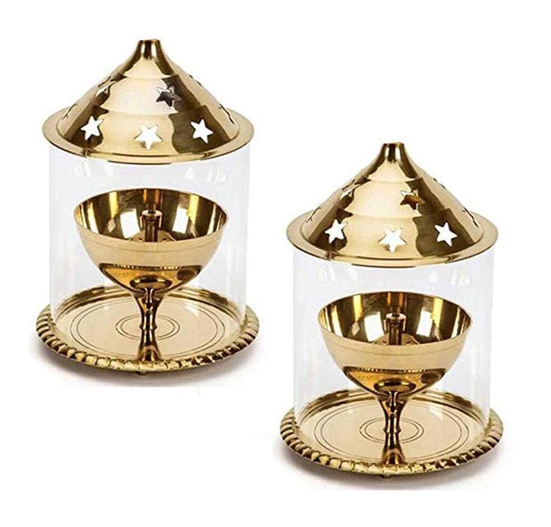 MISAA URNS Pure HeavyBrass Akhand Diya with Glass Cover for Pooja & Diwali Brass (Pack of 2) Table Diya Set (Height: 5.2 inch) Large Size - Image 1