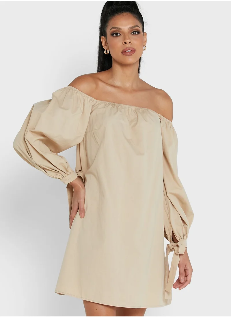 PUBLIC DESIRE Bardot Tie Sleeve Detail Mini Shift Dress