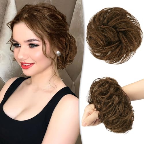 RUWISS Messy Bun Hair Piece Human Hair Messy Rose Bun Hair Buns Hair Piece for Women Real Hair Scrunchies Updo Hair Pieces Bun Extension Ponytail Messy Hair Bun Medium Reddish Brown - Image 1