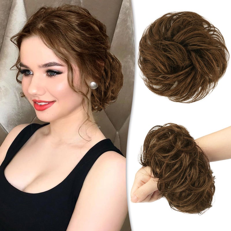 RUWISS Messy Bun Hair Piece Human Hair Messy Rose Bun Hair Buns Hair Piece for Women Real Hair Scrunchies Updo Hair Pieces Bun Extension Ponytail Messy Hair Bun Medium Reddish Brown - Image 2