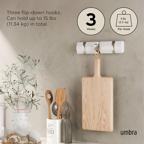 Umbra Flip Wall-Mounted Coat Rack Rail Hook for Hats, Jackets, Bags and More – Modern, Space-Saving Storage Organizer for Entryway, Mudroom, Closet, Bathroom, Bedroom, Kids Room, or Nursery, 3 Hooks, - Image 4