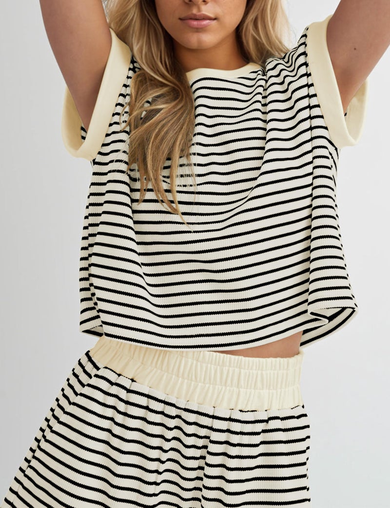 MISSACTIVER 2 Piece Lounge Set Women Stripe Knit Short Sleeve Tee Shirts Shorts Casual Summer Loungewear Shorts Set - Image 4